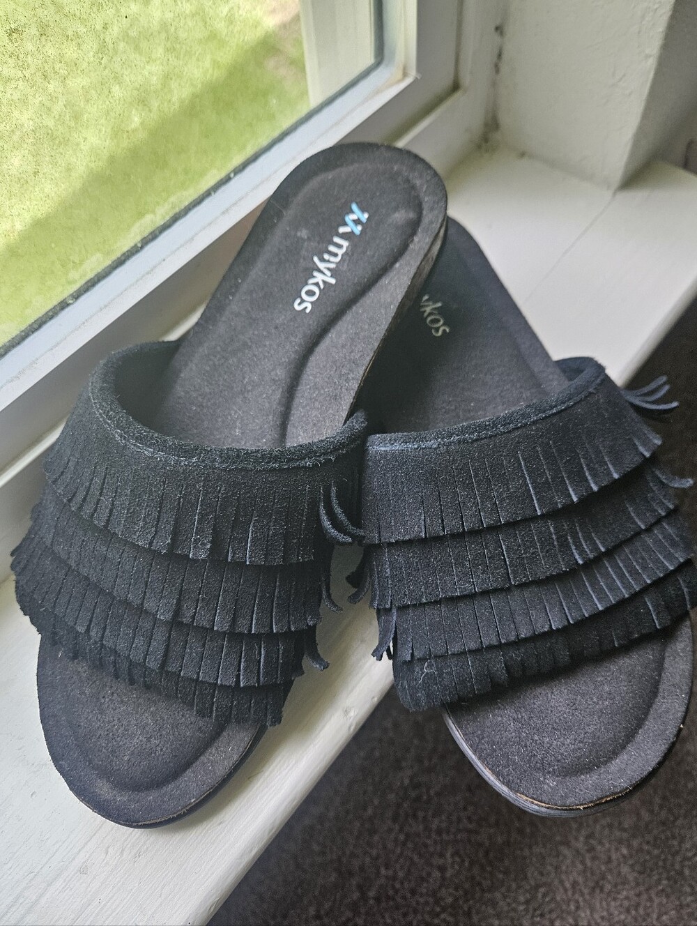 Mykos Black Suede Fringe Slides - Women